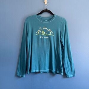 Life Is Good T Shirt Women's Size Small Cotton Teal Mountain Outdoors Hiking